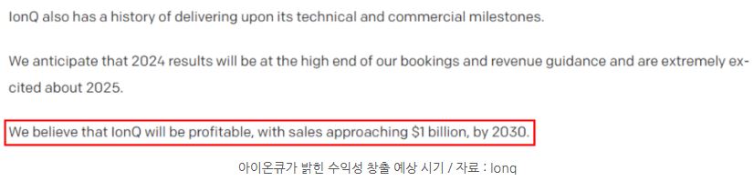 '아이온큐'가 밝힌 수익성 창출 예상 시기는 2030년.